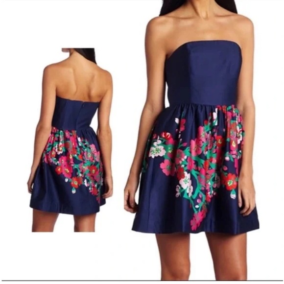 Lily Pulitzer Navy Blue Floral Strapless Dress 2 - Picture 13 of 15